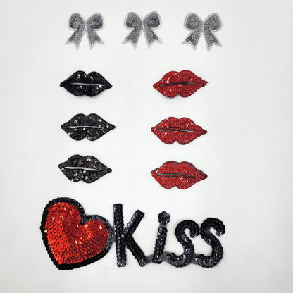 Sequin Silver Bow Black and Red Lips and Heart Kiss Patches - Ships from USA