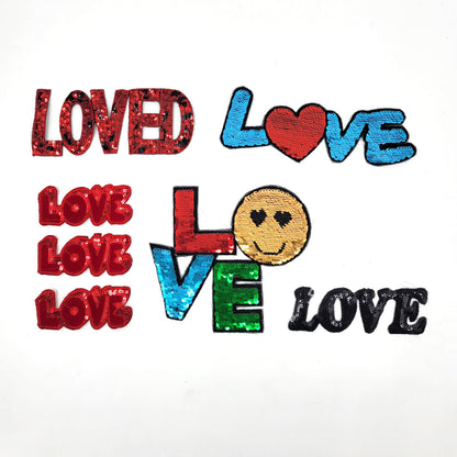 Sequin Love Loved Word Heart and Smiley Patches - Ships from USA